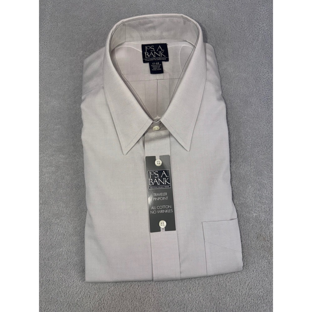 Jos. A. Bank Traveler Pinpoint Dress Shirt Mens 17X33 Grey No Wrinkle NWT